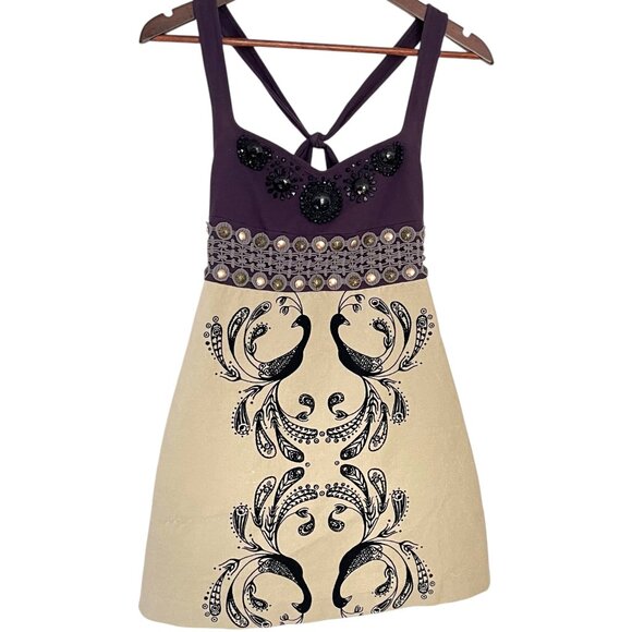 Vintage Y2K Free People Peacock Velvet Mini Dress 2 Cream Purple Beaded Halter - Picture 1 of 6